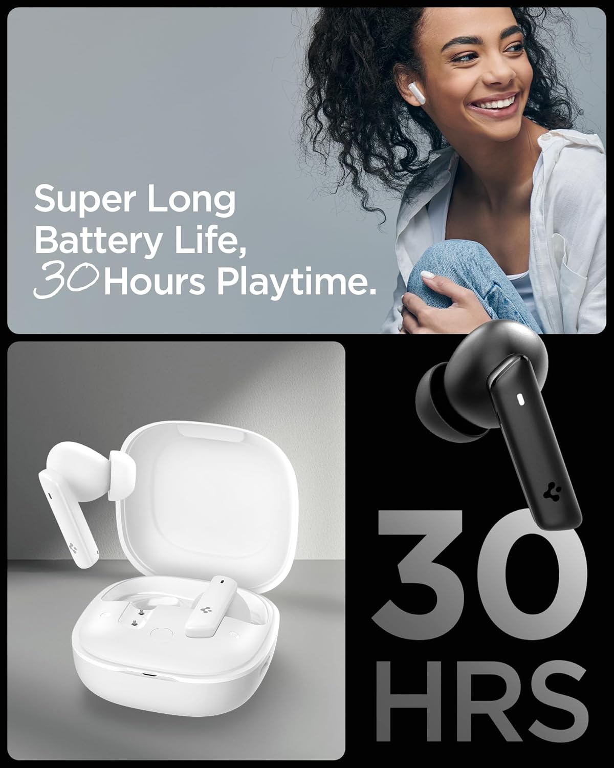 Spigen True Wireless Earbuds, Active Noise Cancellation Bluetooth Headphones with 30H Playtime, EQ Customizing App, 6 Mics, Gaming Mode, LCP Graphene Driver - Black