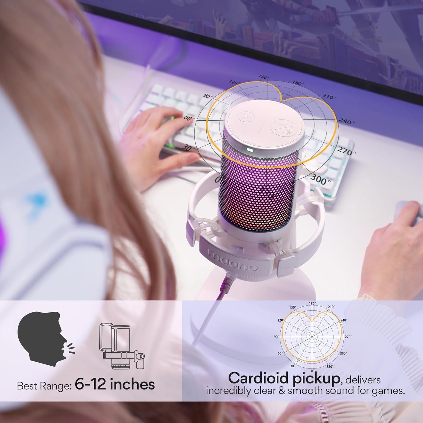 MAONO Gaming Microphone for PC with Noise Cancellation, USB Condenser Mic for Computer, Mac, Laptop, PS5, Streaming, Podcast, Twitch, YouTube, Discord, GamerWave DGM20 White