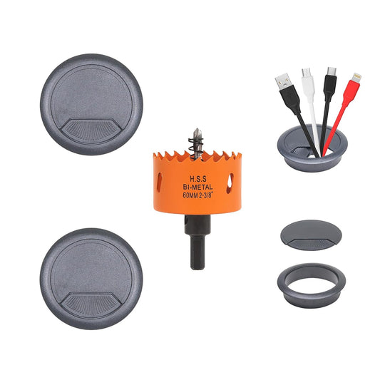 Desk Grommet 2-3/8 inch with Hole Saw, Desk Cord Hole Cover Grommet for Cables, 2 PCS, Black