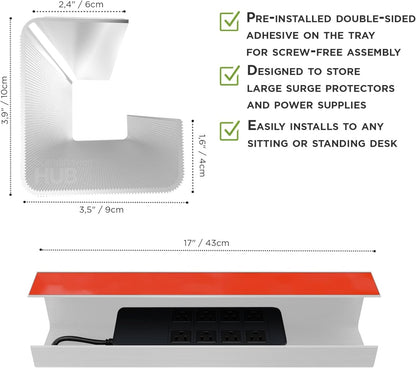 No-Screw Under Desk Cable Management Tray - Self-Adhesive Installation, Cord Management, Cable Tray, Under Desk Wire Organizer - White Single Tray