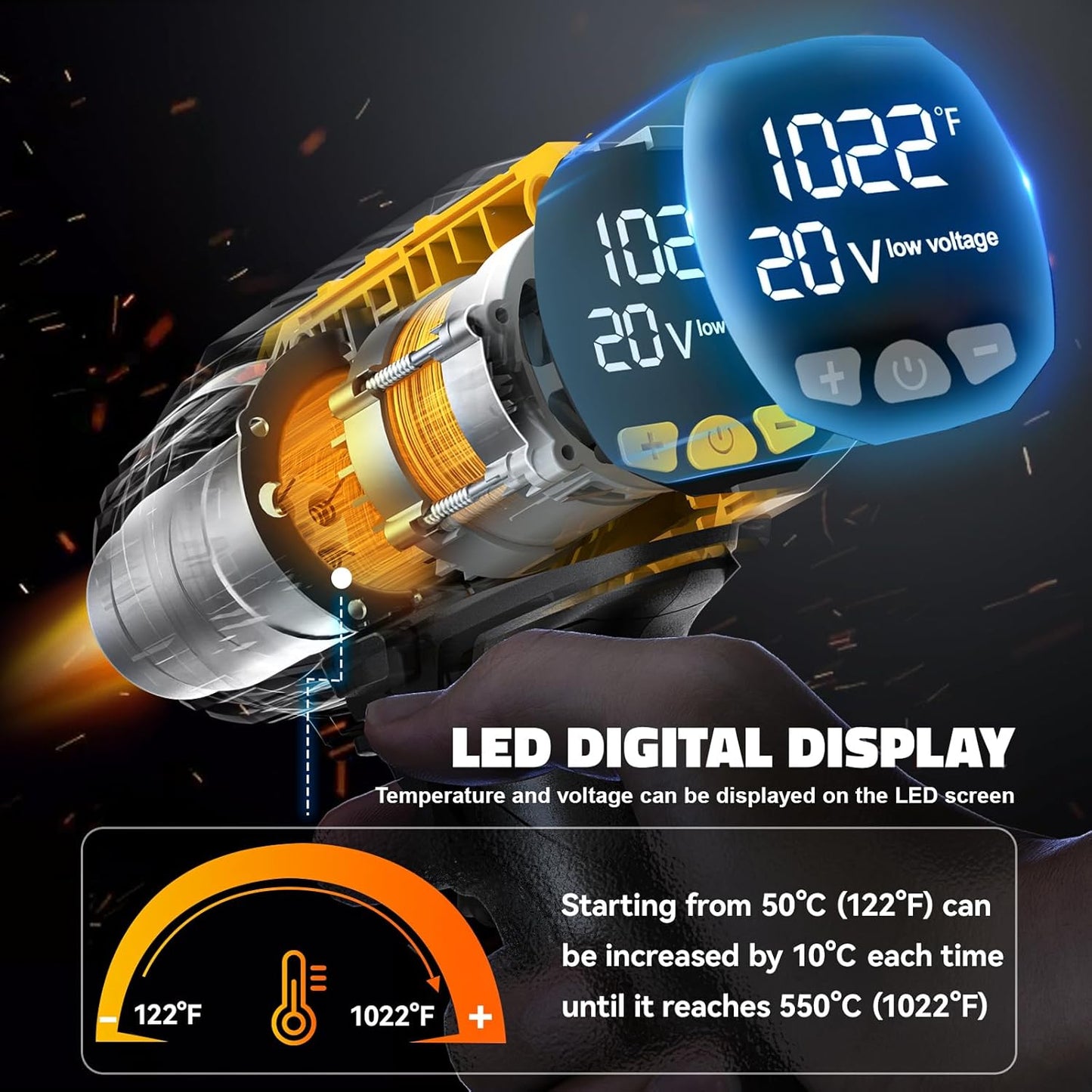 LIVOWALNY Heat Gun Compatible with Dewalt 20v Battery:350W Cordless Battery Powered Heat Gun 122℉~1022℉-Variable Temperature Control Heat Shrink Gun w/LED Digital Display for Shrink Tubing, Vinyl Wrap