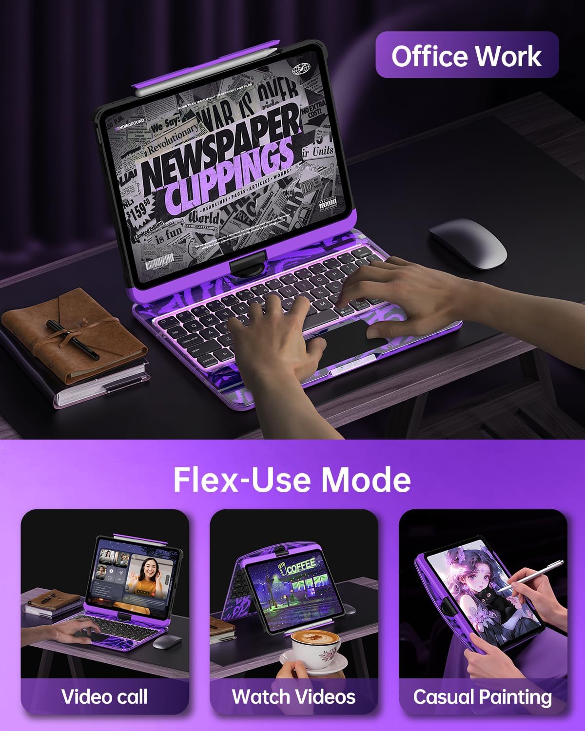 Intermerge Clear Keyboard Case for iPad Air 11" (M3/M2, 2025/2024), Air 5th/4th, Pro 11" 2022-2018, 360° Swivel Multi-Touch Trackpad, 7-Color Backlit, Pencil Holder, Type-C, Neon Pulse