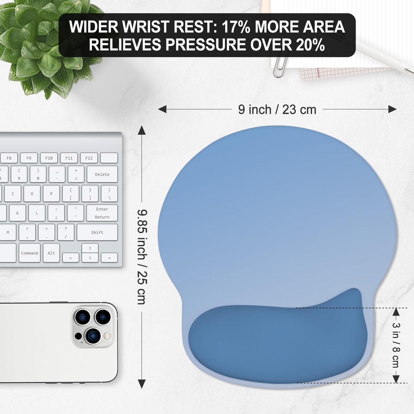 ITNRSIIET Ergonomic Mouse Pad with Wider Memory Foam Wrist Rest +17%, Curved Cushion Reduces Pressure 20%, Pain Relief, Non-Slip, Smooth, Cute Color Desk Accessory, 9.85 x 9 inch, Gradient Blue Ombre
