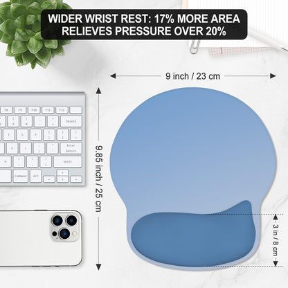 ITNRSIIET Ergonomic Mouse Pad with Wider Memory Foam Wrist Rest +17%, Curved Cushion Reduces Pressure 20%, Pain Relief, Non-Slip, Smooth, Cute Color Desk Accessory, 9.85 x 9 inch, Gradient Blue Ombre