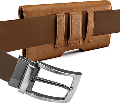 PiTau Holster for iPhone SE 8 7 6 6s, Cell Phone Belt Holder with Clip for Men, Fits Smartphone with Case On, Cellphone Cover with ID Card Pouch, Brown- Small