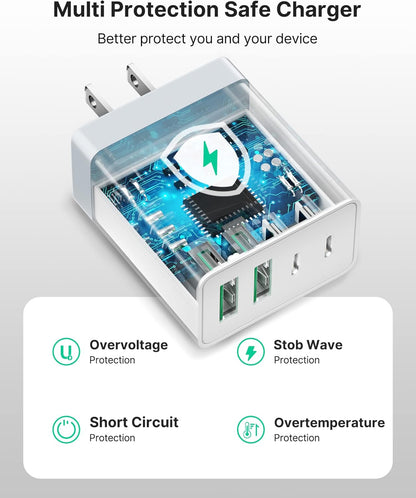 [2-Pack] USB C Wall Charger, 40W Fast USB C Charger Block, 4-Port PD Power Adapter + QC Wall Plug Multiport Type C Charging Block Cube Compatible with iPhone 16 15 14 13 12 11 Pro Max XR XS 8, Samsung