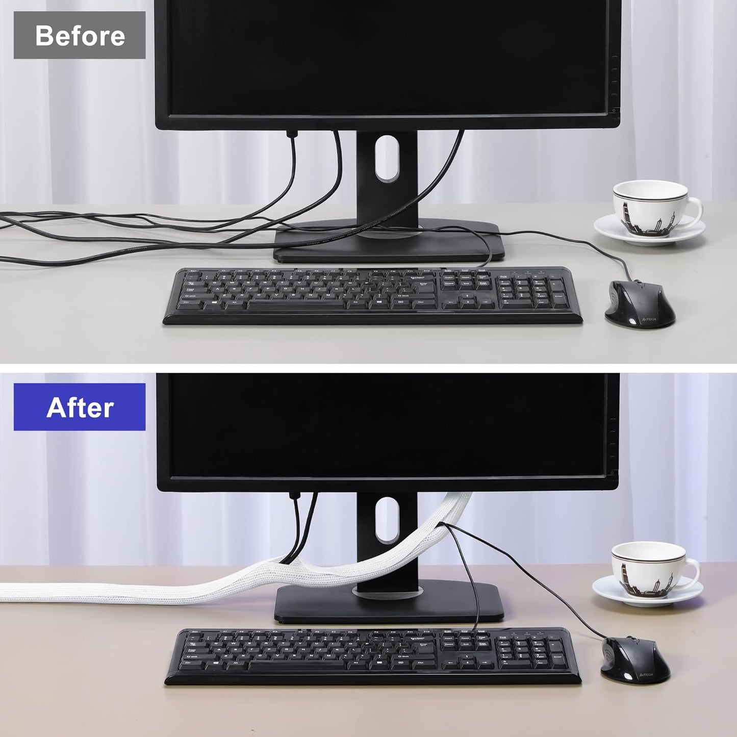 Cable Management Sleeves 1.2in - 2 Pack 4.1ft Split Braided Sleeve White, Hard PE Protectors From Pets, Wire Organizers, Flexible Wrap for Computer Cord Management