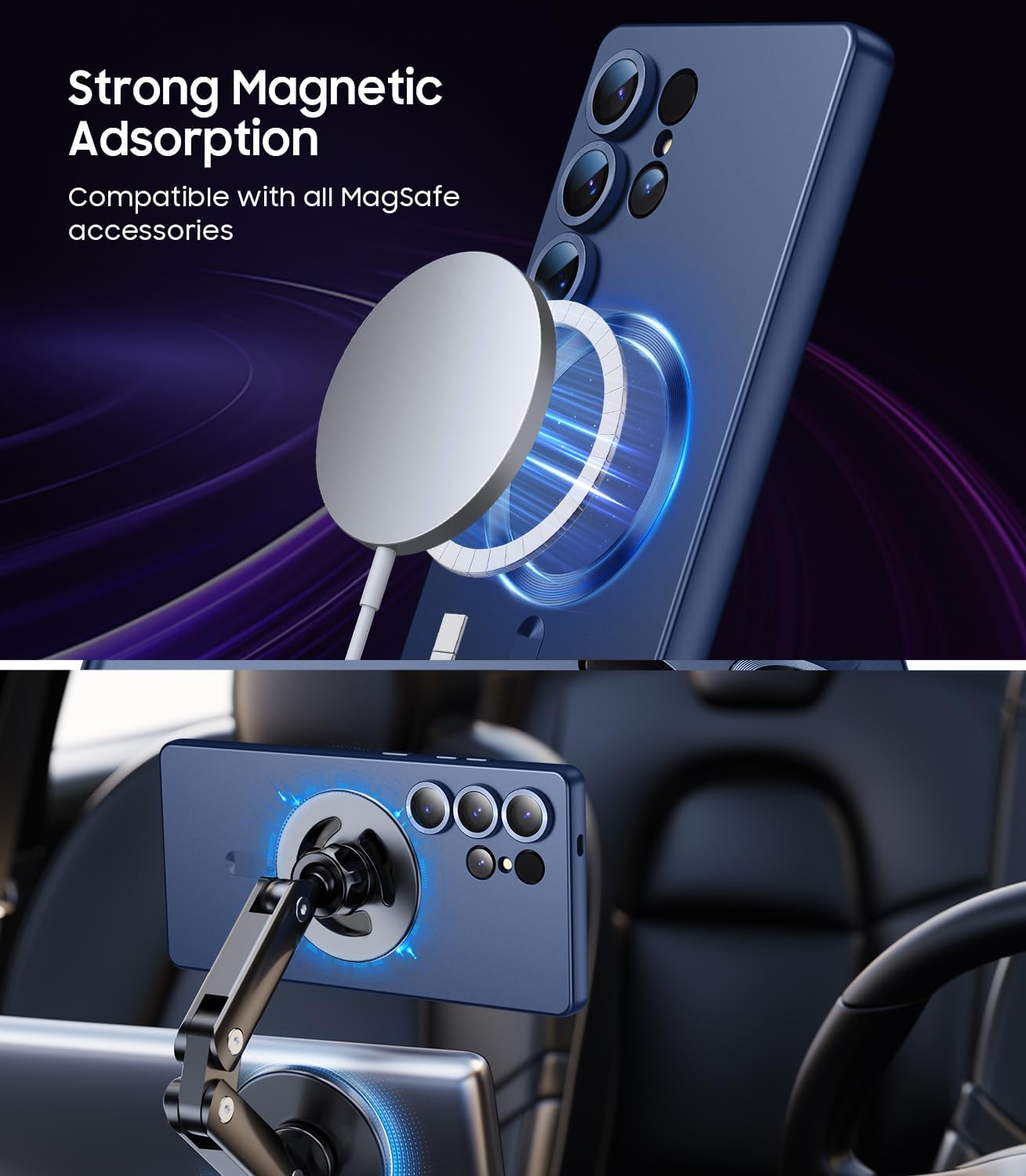 Magnetic for Samsung Galaxy S25 Ultra Case [Compatible with MagSafe][Built-in Camera Lens Protector] Slim Soft Silicone Bumper Shockproof Metallic Luster Phone Shell (Blue)