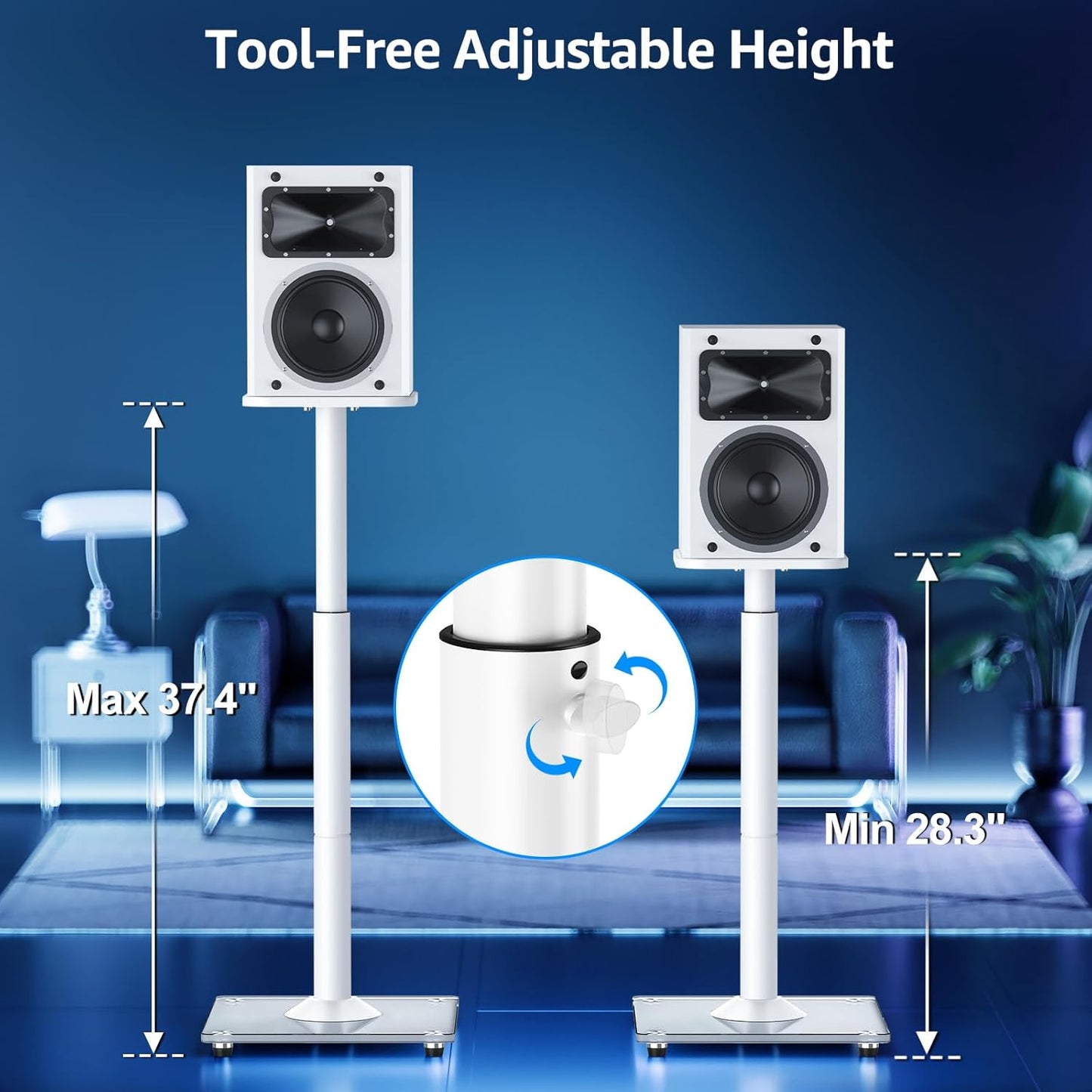 MOUNTUP Universal Speaker Stands Pair 28.3" to 37.4" Height Adjustable Floor Speaker Stands, Holds Bookshelf & Satellite Speaker Large Speaker, Up to 22LBS Cable Concealing 9.8" Plate White MU9132W-L