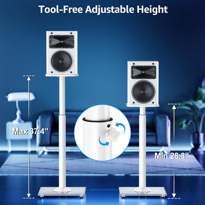 MOUNTUP Universal Speaker Stands Pair 28.3" to 37.4" Height Adjustable Floor Speaker Stands, Holds Bookshelf & Satellite Speaker Large Speaker, Up to 22LBS Cable Concealing 9.8" Plate White MU9132W-L