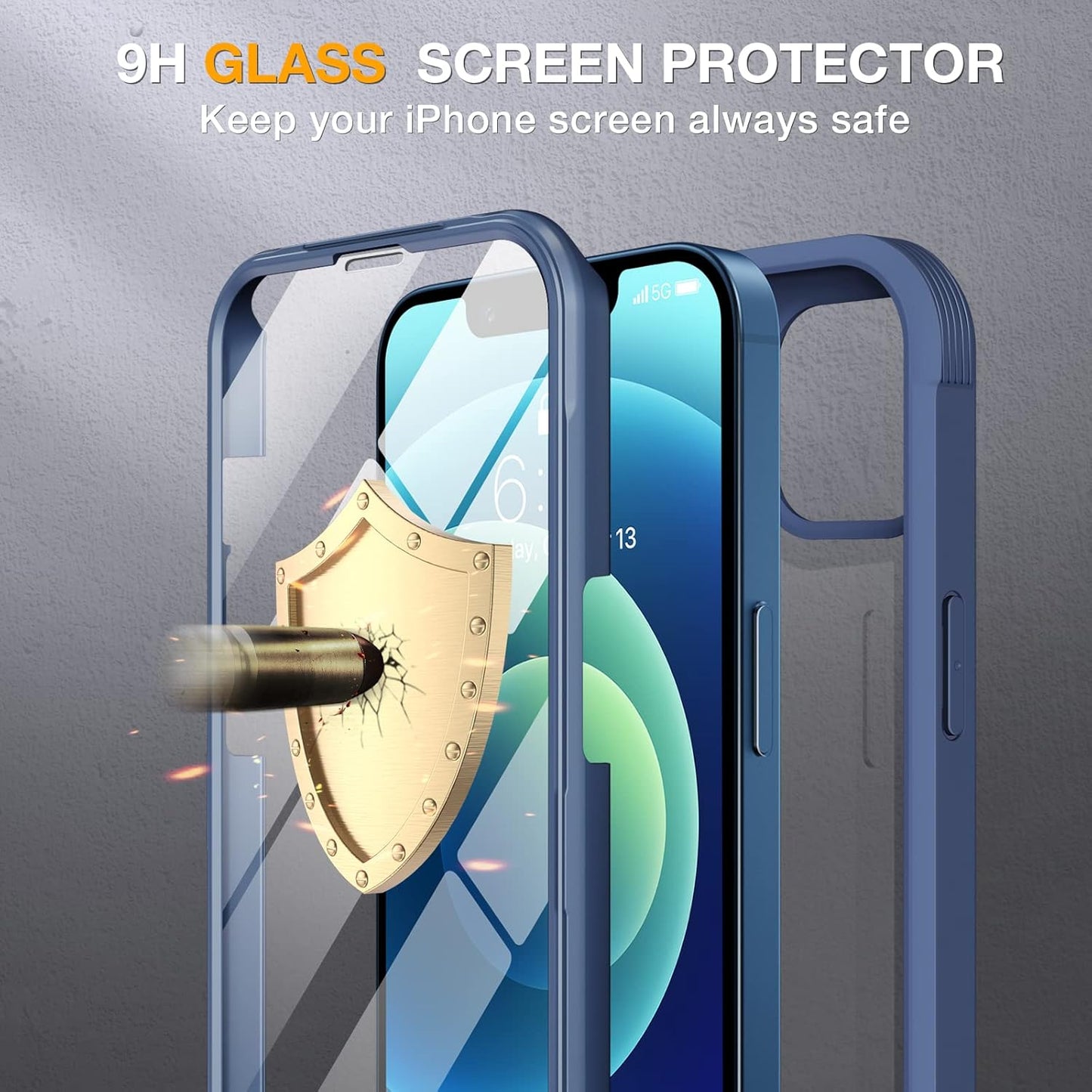 Miracase Glass Series for iPhone 12/12 Pro Case 6.1 inch, Upgraded Full-Body Rugged Phone Bumper Case Cover with Built-in 9H Tempered Glass Screen Protector and Camera Protector, Blue