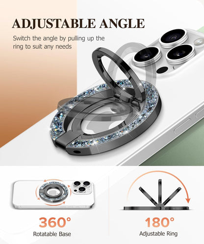 GVIEWIN Magnetic Phone Ring Holder, Compatible with MagSafe Phone Grip with Adjustable Stand, Magnet Phone Ring Kickstand for iPhone 16 Pro Max/Plus/15/14/13/12 Series/Other Phones (Glitter/Black)
