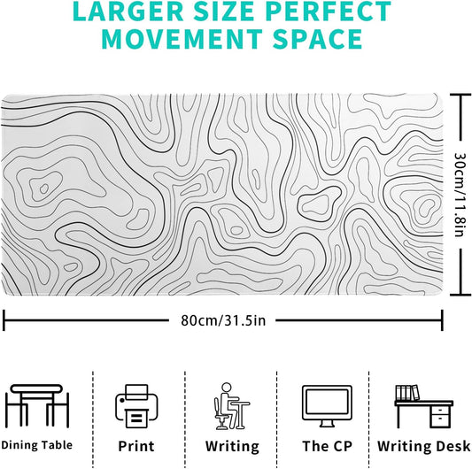 Topographic Contour White Gaming Mouse Pad XL Geographic Map Lines Extended Big Large Desk Mat Non-Slip Rubber Base Stitched Edge Long Keyboard Mousepad for PC Computer Laptop,31.5x11.8 Inch