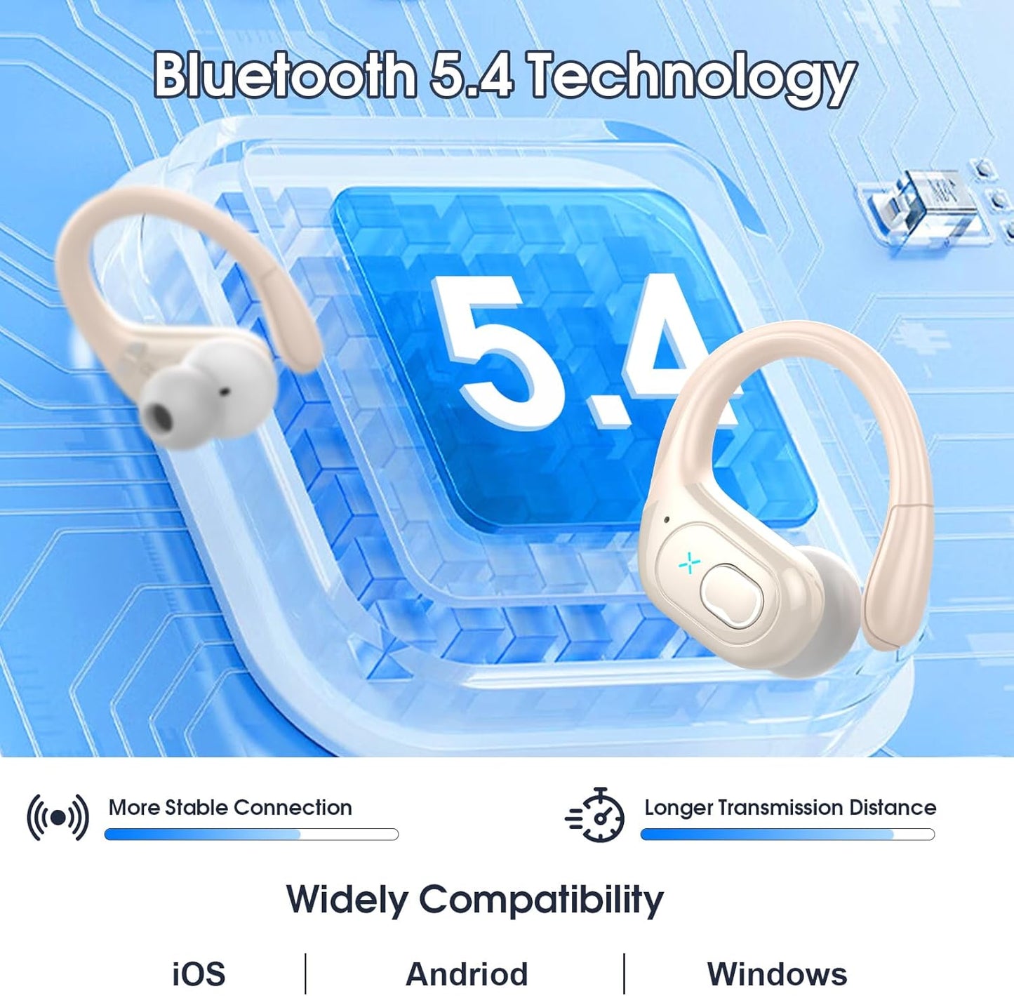 Wireless Earbuds 75hrs Bluetooth 5.4 Headphone Sport, 2025 Bluetooth Earbuds Stereo Deep Bass Over Ear Bud with Earhooks, ENC Noise Cancelling Mic, IPX7 Waterproof Earphone, Camel