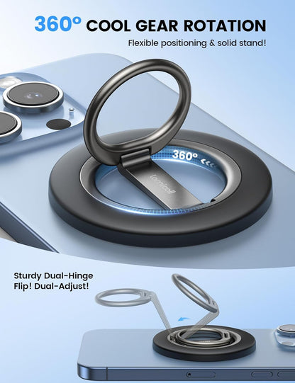 Lamicall 2025 [Stable Dual-Hinge] Magnetic Phone Grip Stand for MagSafe, Finger Ring Holder Phone Kickstand [Super Magnet] 360° Rotation Ring, Mag Safe Accessories for iPhone 16 15 14 Pro Max, Android