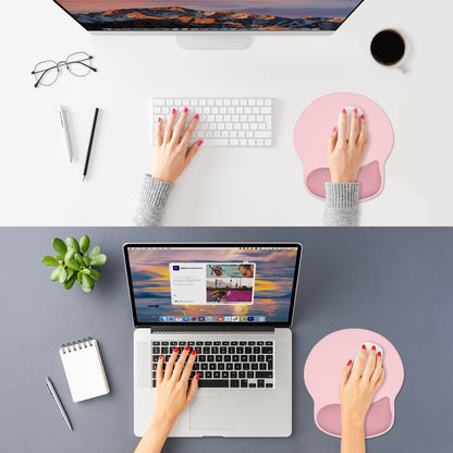 ITNRSIIET Ergonomic Mouse Pad with Wider Memory Foam Wrist Rest +17% - Curved Cushion Reduces Pressure 20%, Pain Relief, Non-Slip, Smooth, Cute Colors, 9.85 x 9 in, Pink Accent