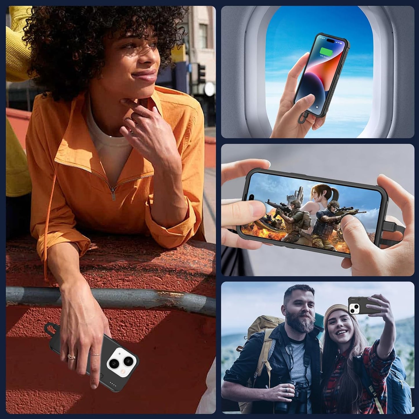 GIN FOXI Battery Case for iPhone 15/15 Pro, Built-in Cable 7000mAh Fast Charing Cases 15W Rechargeable Portable Extended Charger Case Cover for iPhone 15/15 Pro Charging Case, Black