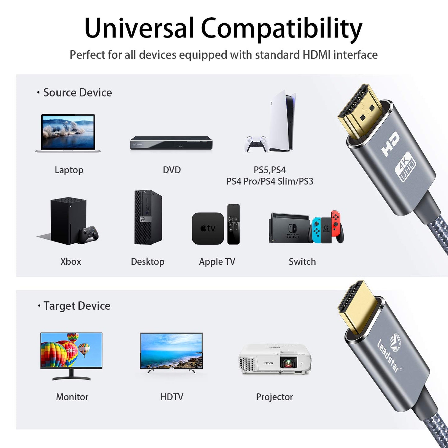 LEADSTAR HDMI Cable 4K 25 ft /7.5m, High Speed HDMI 2.0 Cord Braided | 4K@60Hz, Ultra HD, 2160p, ARC, HDR, 3D, HDCP 2.2 | for Xbox, PS5, TV, Laptop, Monitor