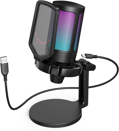 Fifine USB Microphone for PC Gaming, Computer Desktop Streaming Microphone with Mute Button, Gain Knob for Video Podcast, RGB Mic for PS4/PS5, Laptop A6NEO