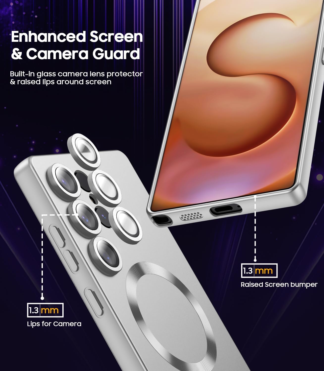 Magnetic for Samsung Galaxy S25 Ultra Case [Compatible with MagSafe][Built-in Camera Lens Protector] Slim Soft Silicone Bumper Shockproof Metallic Luster Phone Shell (Silver)