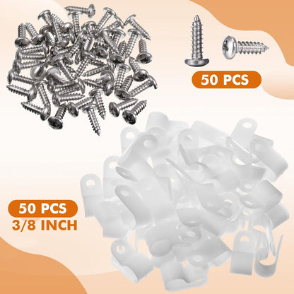 Hicarer 50 Pack R-Type Cable Clip Wire Clamp, Nylon Screw Mounting Cord Fastener Clips with 50 Pack Screws for Wire Management (White,3/8inch)