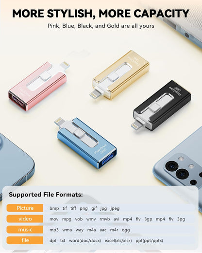 MFi Certified 256GB Flash Drive for iPhone iPad, Photo Stick for External Memory Storage, Easily Back Up and Save Photos Videos, USB Memory Stick Thumb Drive for iPhone/iPad/Android/PC (Gold, 256GB)