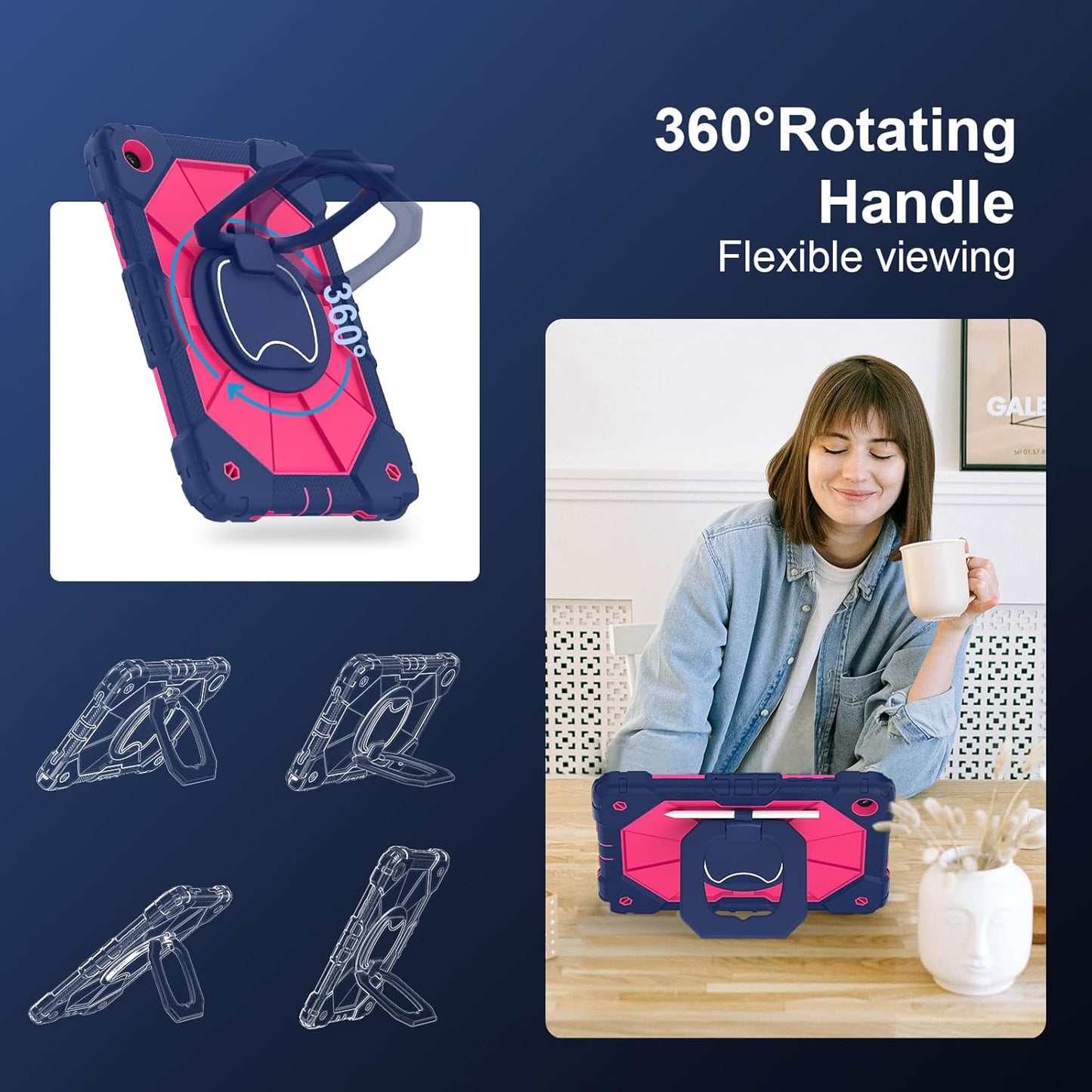 for Galaxy Tab A9 Plus Case 11 Inch, Rugged Case for Samsung Galaxy A9+ Tablet with Screen Protector 360 Rotating Stand Shoulder Strap Pen Holder, 2023 Model(SM-X210/X216/218), Navy Pink