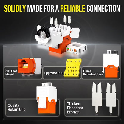 AMPCOM CAT6 RJ45 Keystone Jack - Reusable UTP Ethernet Wall Jack with Adjustable Ratchet Lock Design, No Tool and Zip Tie Required - 50u Gold Plated - Orange (12-Pack)