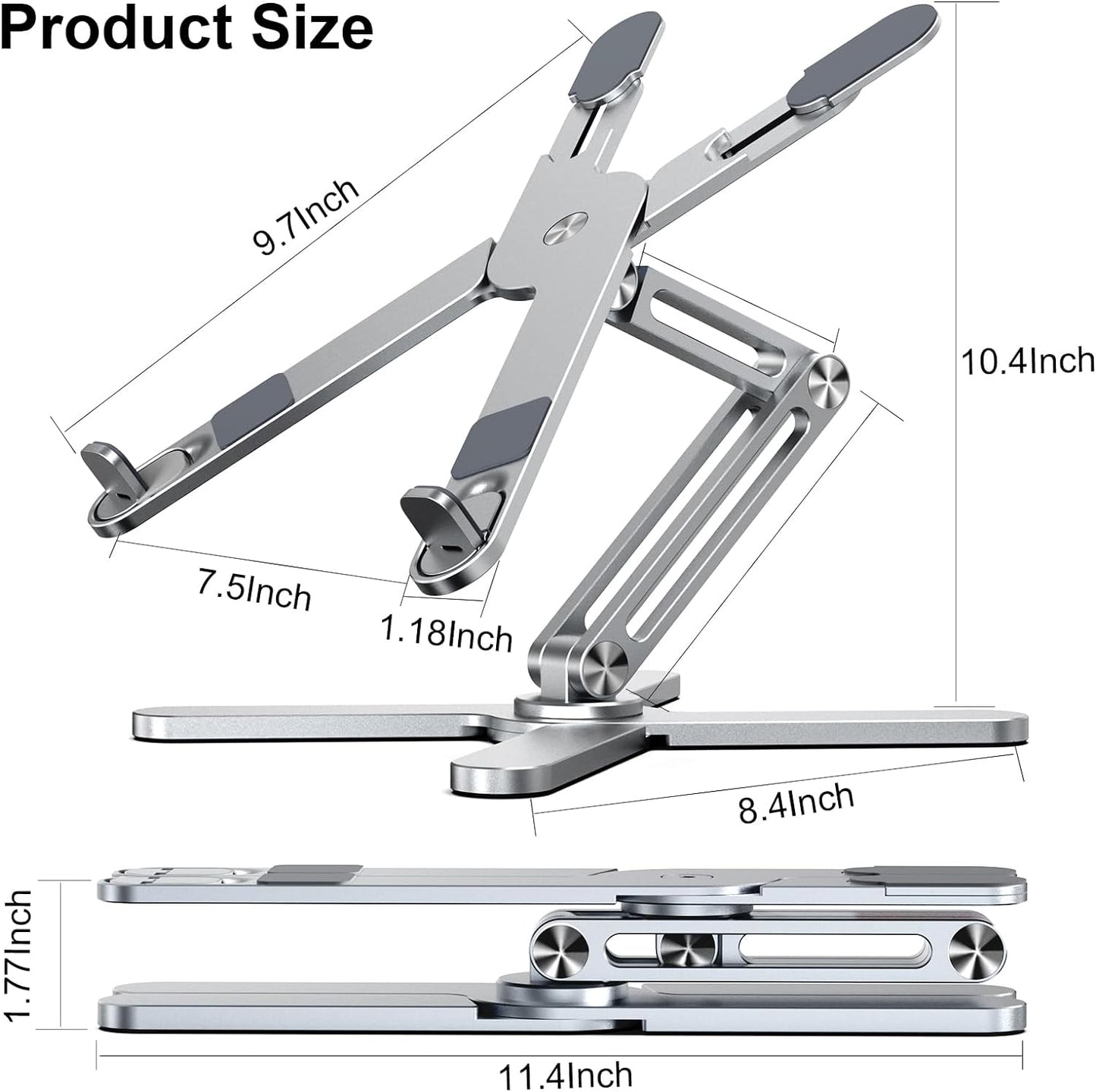 LIENS Adjustable Laptop Stand with 360 Rotating Base, Aluminum Laptop Riser for Desk Foldable, Ergonomic Notebook Stand Holder Compatible with iPad and MacBook/All Laptops up to 16 inches - Silver