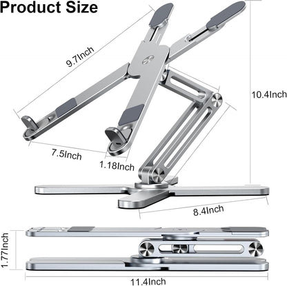 LIENS Adjustable Laptop Stand with 360 Rotating Base, Aluminum Laptop Riser for Desk Foldable, Ergonomic Notebook Stand Holder Compatible with iPad and MacBook/All Laptops up to 16 inches - Silver