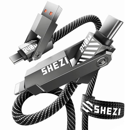 SHEZI Nylon Braided 4 in 1 USB C Cable 240W 5FT Compatible with Lightning Cable, Fast Charging for iPhone/iPad Charger Cord [480Mbps Data Sync],Multi Charging Cable with Type C/USB A, Grey