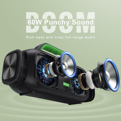 DOSS Extreme Boom Bluetooth Outdoor Speaker with 60W Mighty Sound, Deep Bass, 30H Playtime, USB-C, Bluetooth 5.3, IPX6 Waterproof with Portable Strap for Camping, Beach, Garage-Green