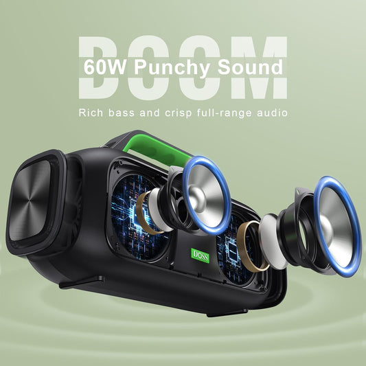 DOSS Extreme Boom Bluetooth Outdoor Speaker with 60W Mighty Sound, Deep Bass, 30H Playtime, USB-C, Bluetooth 5.3, IPX6 Waterproof with Portable Strap for Camping, Beach, Garage-Green