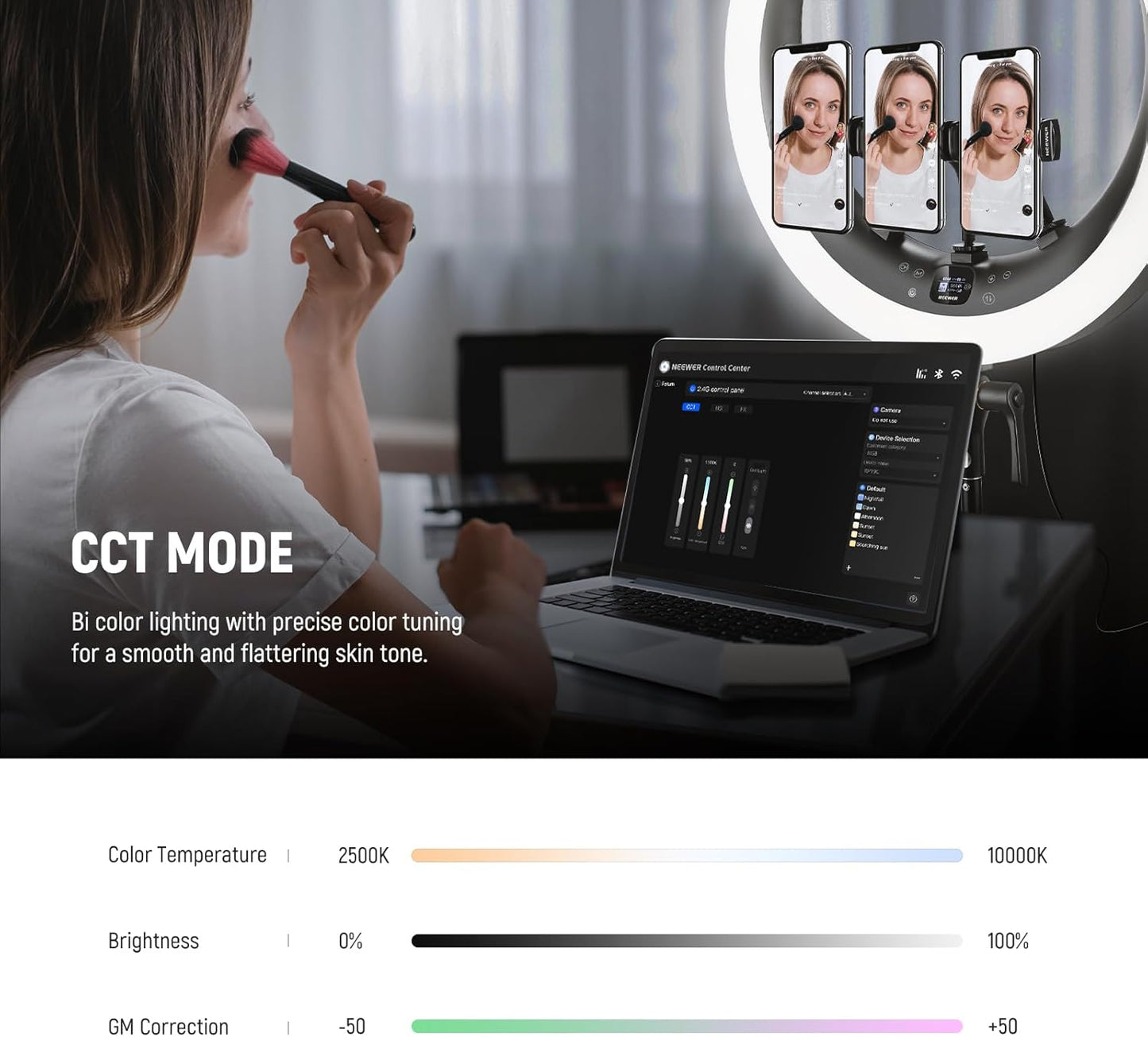 NEEWER 19" RGB LED Ring Light with Stand, 3 Phone Holders, Touch Panel, 2.4G/App Control, 42W CRI97+ 2800lux/0.5m 360° Hue Dimmable Professional Lighting for Makeup Live Streaming Zoom Calls, RP19C