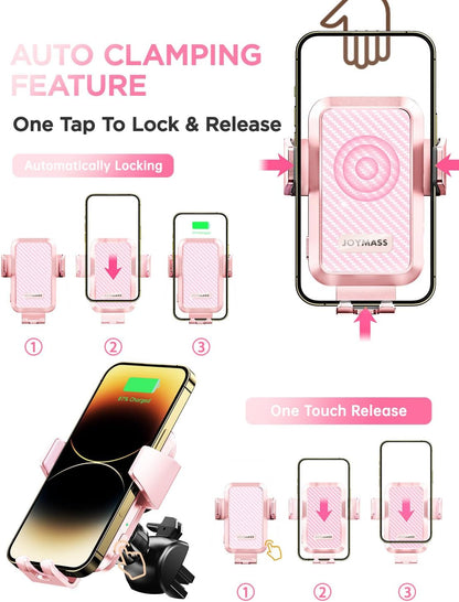 Wireless Car Charger, JOYMASS 15W Fast Charging Auto Clamping Car Charger Cell Phone Holder Mount Vent for iPhone 15 14 13 12 Mini Pro Max, Samsung Galaxy S24 Ultra S23 S22 S21+ Note 20, etc - Pink