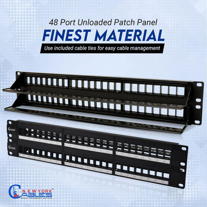 NewYork Cables® Blank Keystone 48 Port Cat6 Patch Panel - 10Gb Ethernet 2U Horizontal Rack Mount, Color-Coded T568A/B Labels, Network for Data Centers, Server Rooms, Unloaded, Unshielded.