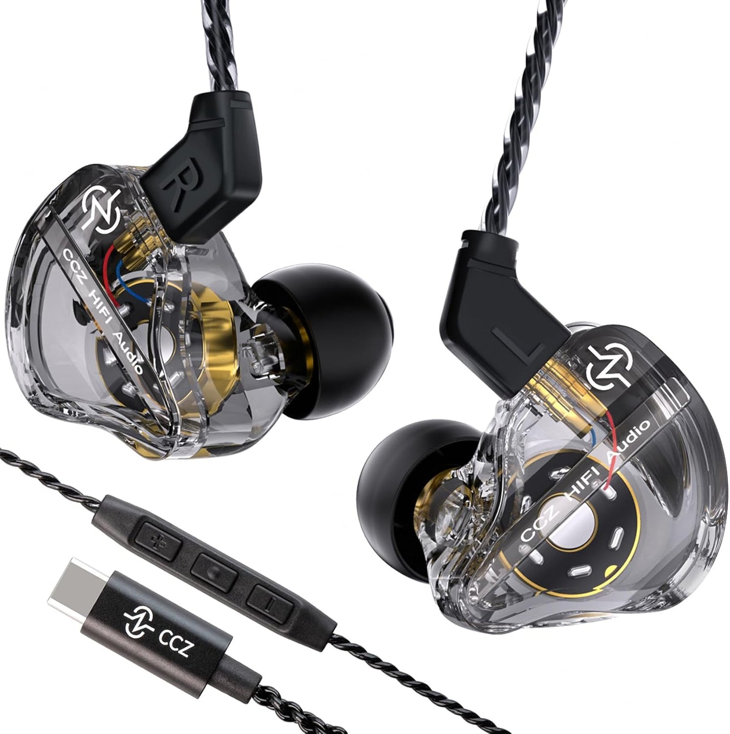 CCZ DC01 Pro USB C Headphones Wired Type-C in Ear Monitor Headphone, Professional USB C Wired Earbuds Super Bass Gaming IEMS with 1DD Patent Ear fin Ear tips for Singer Musician (Black, USBC-With Mic)