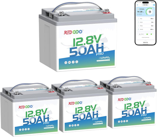 Redodo Smart Bluetooth 12V 50Ah LiFePO4 Lithium Battery for Trolling Motor, Low-Temp Protection, 10 Years Lifetime, Lightweight & Portable Perfect for RV, Solar, Boat Marine and Camping 4 Pack