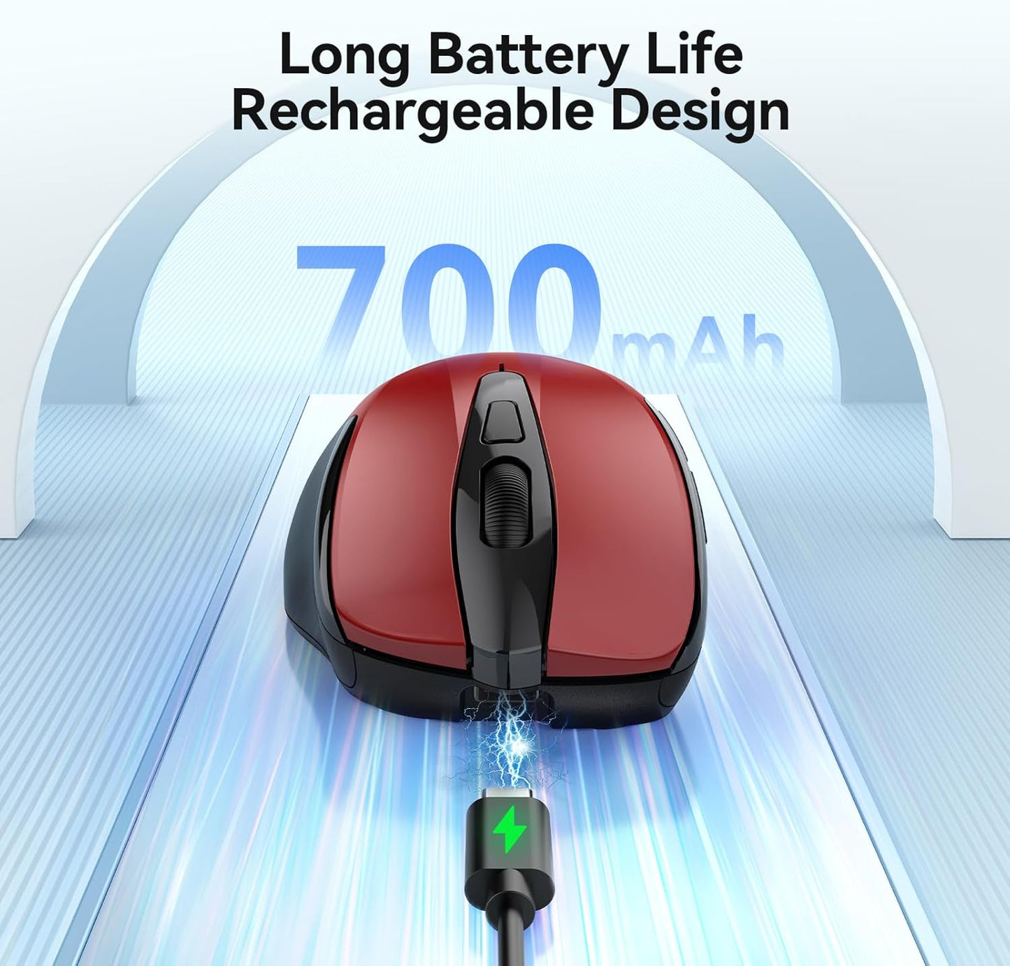 TECKNET Rechargeable Jiggler Wireless Mouse (BT5.0/3.0 & 2.4G) 4800 DPI Silent USB A & Bluetooth Mouse 6 Buttons, Wide Compatibility - Red