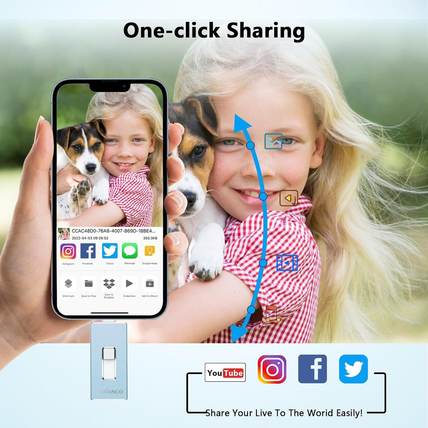 USB Flash Drive 256GB, Apple MFi Certified Photo Stick for iPhone Thumb Drive, iPhone-Memory-Stick for iPad/iPhone/Computer Picture Keeper Portable Hard Drive Blue