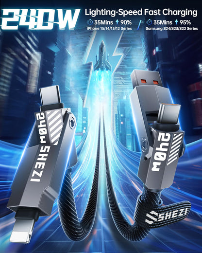 SHEZI Nylon Braided 4 in 1 USB C Cable 240W 5FT Compatible with Lightning Cable, Fast Charging for iPhone/iPad Charger Cord [480Mbps Data Sync],Multi Charging Cable with Type C/USB A, Grey