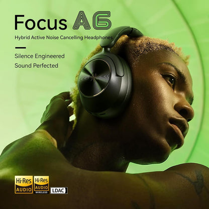 OneOdio Focus A6 Hybrid Active Noise Cancelling Headphones, 75H Playtime, LDAC Hi-Res Lossless Audio, Bluetooth 6.0, Dual Mic ENC Call, Support Wired ANC via USB-C, Wireless Over Ear Headphones
