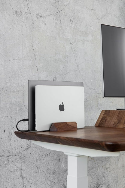 Oakywood Dual Laptop Dock, Vertical Laptop Stand Wood, Laptop Stand for Desk, Desk Organizer, Vertical Laptop Holder, Compatible with All MacBook Pro Air iPad, for 2 Device – 7,1x4,5x1,6”, Walnut