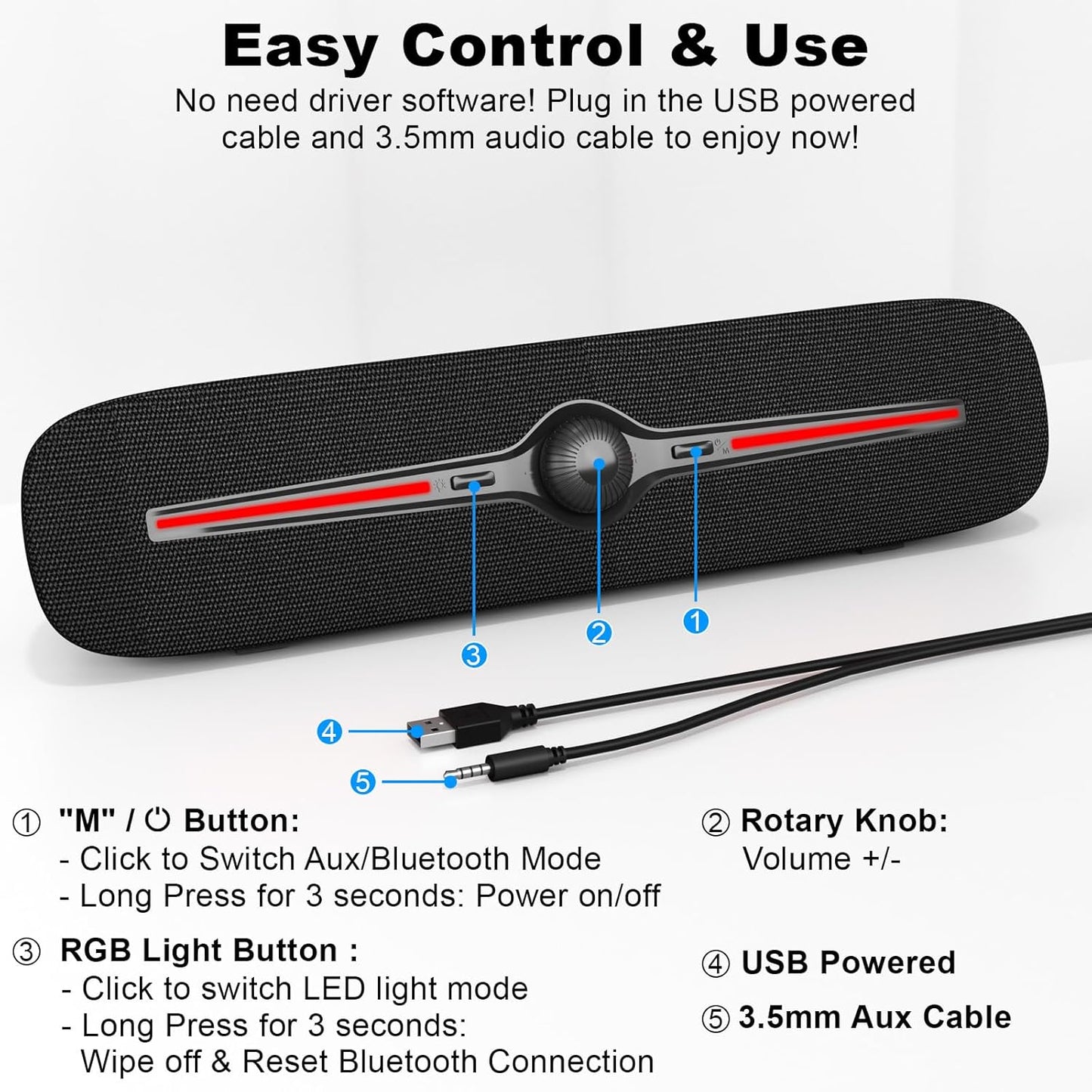 SOULION R90 Bluetooth Computer Speakers for Desktop, USB Powered 3.5mm AUX PC Speakers with LED Dynamic Light, Portable Soundbar Speaker with Rotary Volume Control for Laptop Monitor