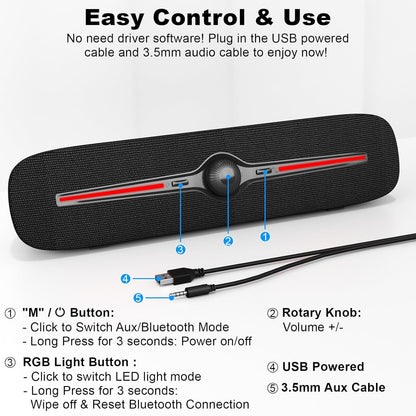 SOULION R90 Bluetooth Computer Speakers for Desktop, USB Powered 3.5mm AUX PC Speakers with LED Dynamic Light, Portable Soundbar Speaker with Rotary Volume Control for Laptop Monitor