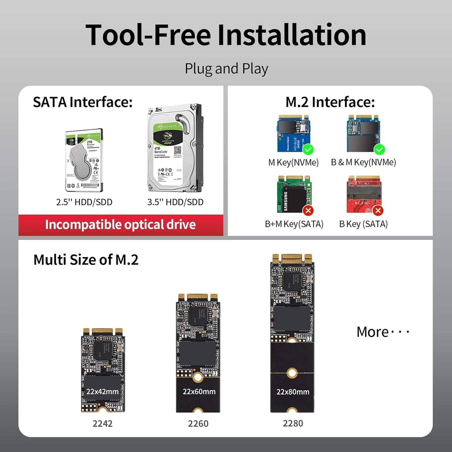 Unitek M.2 NVME SATA SSD Enclosure-2 in 1 Tool-Free Portable 10Gbps NVMe PCI-E M.2 and SATA SSD External Adapter USB 3.2 Hard Drive Reader for 2230/2242/2260/2280 NVMe and 2.5" /3.5" SSD