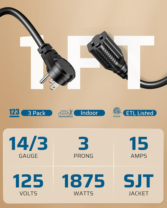 DEWENWILS 1FT Short Extension Cord, Flat Head Extension Cord Indoor with 3 Prong, Low Profile Power Cable SJT 14 AWG Flexible Power Cord for Home Kitchen, ETL Listed, 3 Pack