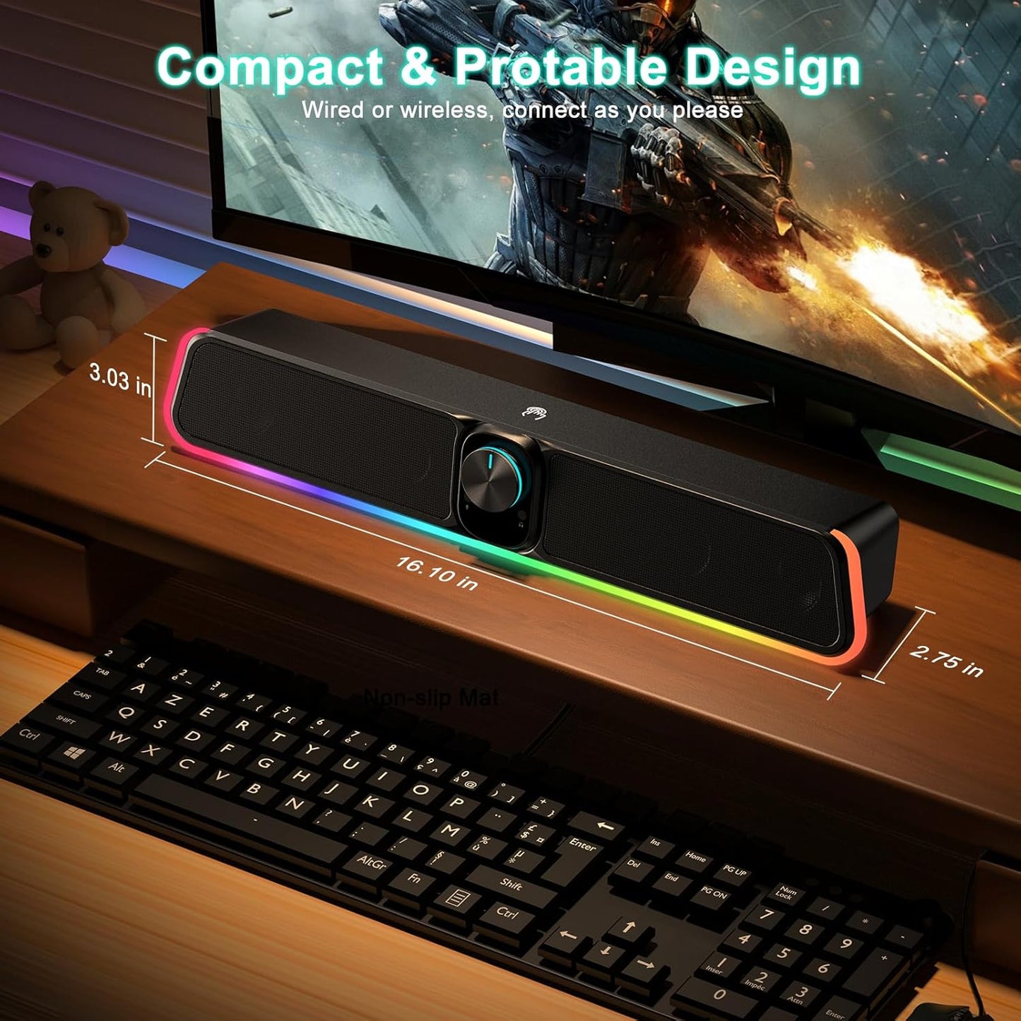 Computer Speakers - Wired USB Powered Bluetooth Computer Sound Bar with RGB & Volume Knob, HiFi Stereo Portable Gaming Sound Bar Speaker for Desktop Monitor, PC, Laptop, Tablets, Mac Air/Pro