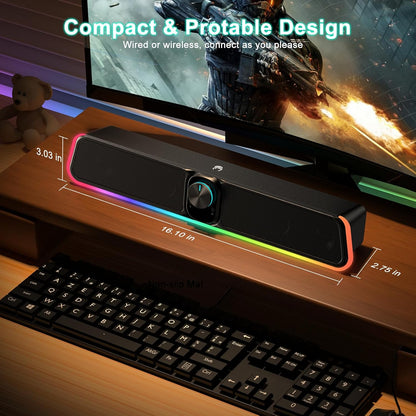 Computer Speakers - Wired USB Powered Bluetooth Computer Sound Bar with RGB & Volume Knob, HiFi Stereo Portable Gaming Sound Bar Speaker for Desktop Monitor, PC, Laptop, Tablets, Mac Air/Pro