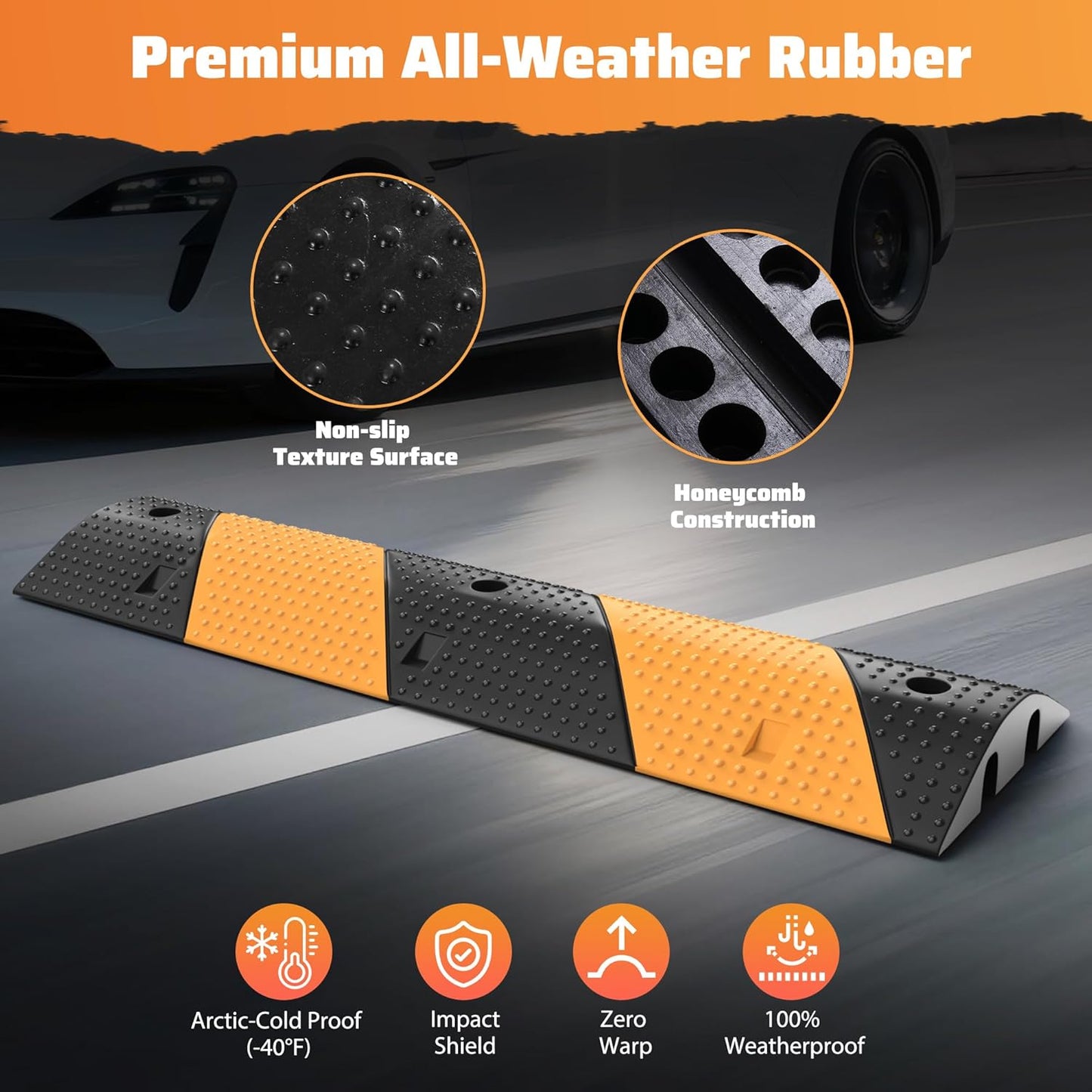Rengue Rubber Speed Bumps 2-Pack 39.3'' Black Yellow Dual-Channel Driveway Protector for Wires Pipes, 66000 LB Heavy Duty Traffic Calmer for Road Gravel Installation